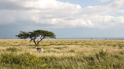 Lone Antelope Grazes Under Acacia Tree in Vast African Savannah Landscape