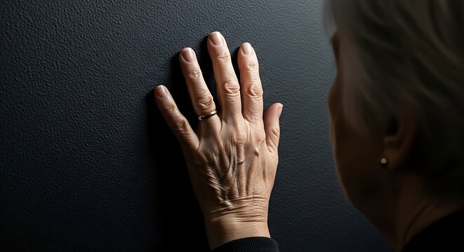 Elderly hand touching a dark surface, close up view.