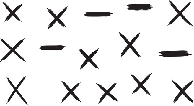 Black X Marks on White Background, Hand Drawn Symbols, Isolated Elements