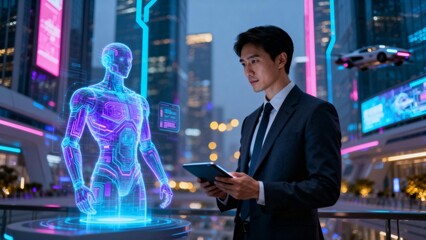 Man with hologram in futuristic city