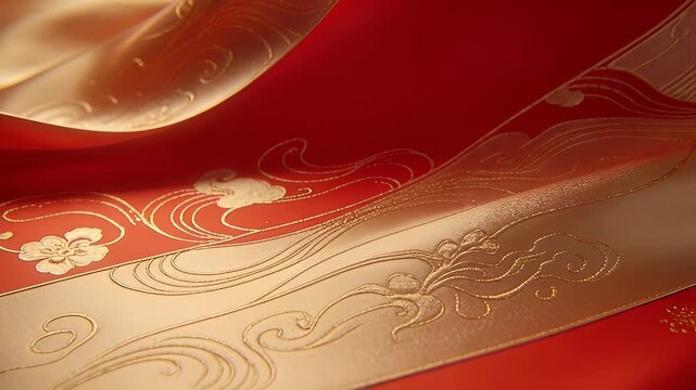 Luxurious Red and Gold Silk Fabric with Traditional Japanese Wave Patterns Elegant Textile Background.