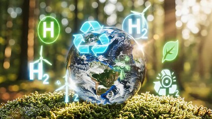 Vibrant earth globe surrounded by renewable energy symbols on moss in a natural forest. Concept of sustainability and clean future