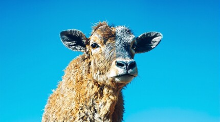 Close-up of a young cow's face against a bright blue sky.