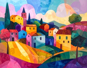 Vibrant, geometric village nestled in rolling hills under a swirling, colorful sky