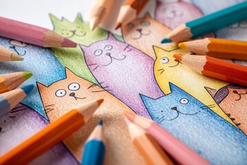 Colorful cats drawn with pencil or crayon, kids illustration for art education classes. Selective focus 