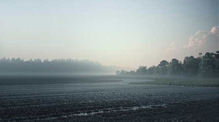 Misty Morning Over a Field with Lush Green Trees on the Horizon