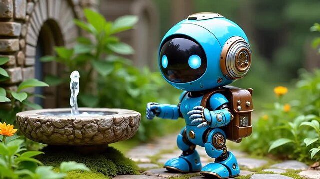Blue robot near garden fountain