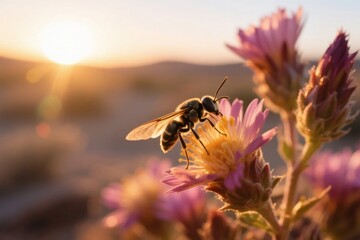 A bee pollinates a purple flower at sunset in a desert landscape