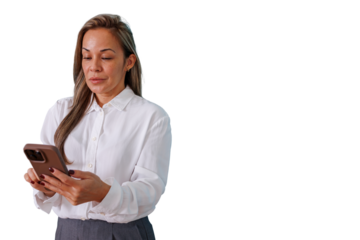 Professional woman using mobile phone, texting and networking in business communication, transparent background