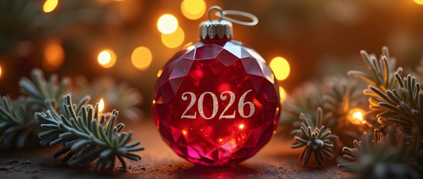 boule de noel &agrave; facettes rouges isol&eacute; sur un fond festif hivernal. L'inscription 2026 est grav&eacute; dessus. 