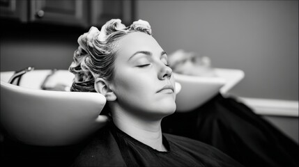 A serene, black-and-white image showing a woman relaxing with curlers in her hair at a salon, while another person is seen in the background.