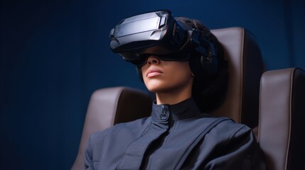 A person wearing a virtual reality headset appears immersed in an experience, seated comfortably in a modern chair.