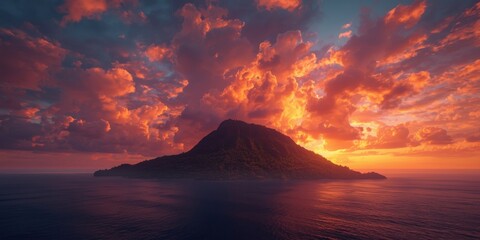Sunset over oceanic island