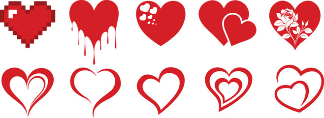 Heart icon set isolated on white background. Romantic symbol suitable for Valentine’s Day, wedding, love-themed designs, cards, posters, and digital projects.