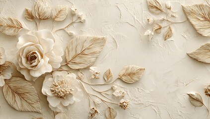 Beige embossed floral wall art with realistic roses, leaves, and textured background