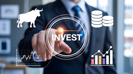 Businessman touching a glowing invest button on a virtual interface with bullish and bearish stock market charts and stacks of coins illustrating financial growth and investment