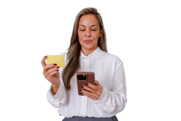 Woman making a secure online purchase or banking transaction, entering credit card details into a smartphone. Transparent background