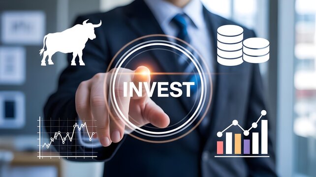 Businessman touching a glowing invest button on a virtual interface with bullish and bearish stock market charts and stacks of coins illustrating financial growth and investment - Powered by Adobe