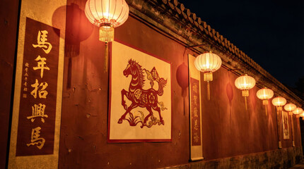 Night view of a traditional red wall decorated with glowing paper lanterns, vertical calligraphy scrolls, and a paper cut poster of a horse to celebrate the Lunar New Year.