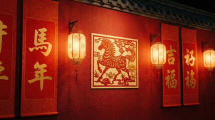 Night view of a traditional red wall decorated with glowing paper lanterns, vertical calligraphy scrolls, and a paper cut poster of a horse to celebrate the Lunar New Year.