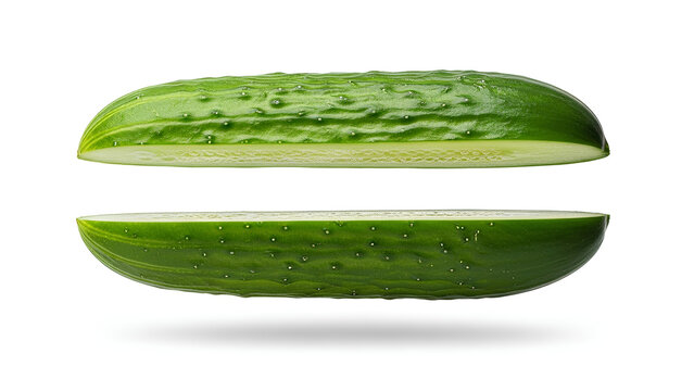 Two fresh green cucumber halves cut lengthwise floating on white background. Longitudinal cross section showing seeds. Raw organic vegetable for healthy salad cooking or vegetarian diet food