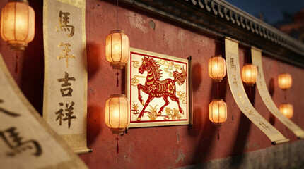 Night view of a traditional red wall decorated with glowing paper lanterns, vertical calligraphy scrolls, and a paper cut poster of a horse to celebrate the Lunar New Year.