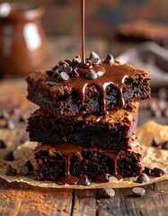 Stacked, fudgy chocolate brownies drizzled with melted sauce. Chocolate chips adorn the top brownie, with some scattered around