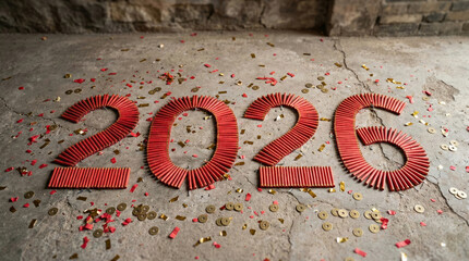 High angle view of the year 2026 formed by arranged red firecrackers on mossy stone pavers, scattered with gold confetti and Chinese coins to symbolize luck and fortune for the Lunar New Year.