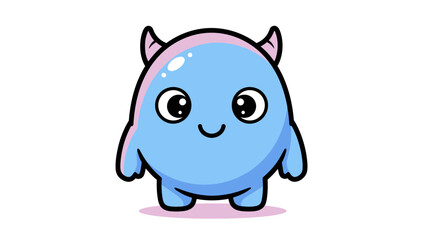 Fototapeta premium A cute blue cartoon creature with pink hair and horns smiles on a white background