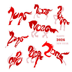 Holiday card Happy New Year 2026. Stylized image of a fire horse according to the Eastern Chinese calendar. Astrological New Year.	
