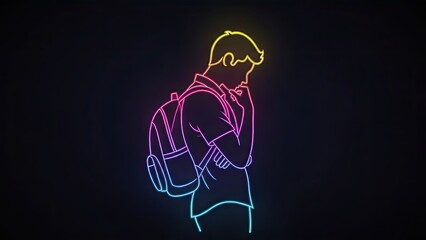 Thoughtful student with backpack, neon outline art, vibrant colors on black background