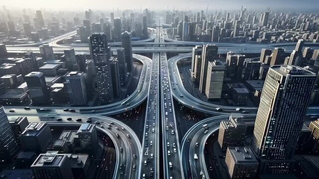This breathtaking video presents an aerial view of a bustling urban landscape featuring complex highway systems interwoven with towering skyscrapers. The scene captures the vibrancy and dynamism of mo