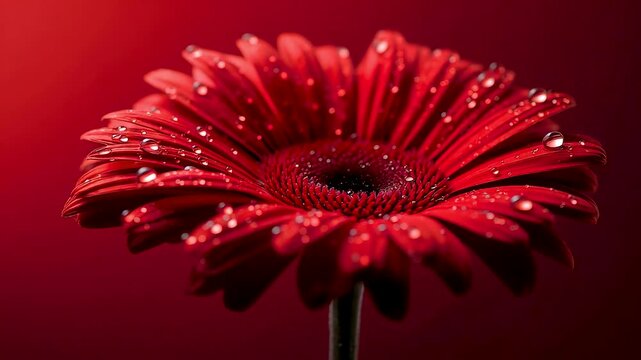 Vibrant red gerbera daisy flower covered fresh water droplets dark red background macro floral beauty freshness