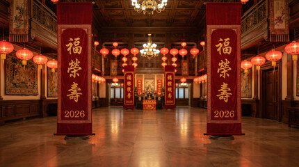 A luxurious grand hall interior decorated for the 2026 Lunar New Year celebration. Red lanterns hang from the ceiling alongside large vertical banners featuring gold calligraphy and the year 2026.