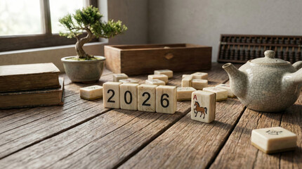 Still life arrangement of Mahjong tiles forming the year 2026 next to a tile with a horse illustration, accompanied by an abacus, tea cup, and coins on a rustic wooden table, symbolizing the Year.
