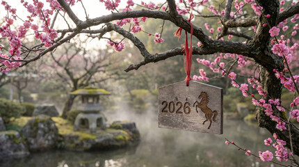 Scenic view of a wooden plaque carved with the year 2026 and a horse, hanging from a blooming plum blossom branch overlooking a misty lake and traditional pagoda.