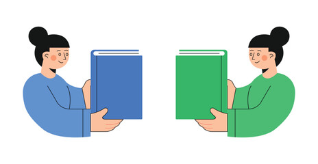Book exchange or book crossing concept, Women Reading Books Illustration &ndash; Flat Style Female Characters Holding Books, Education and Learning Concept Isolated on White Background