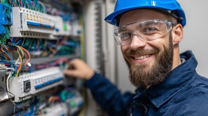 Close-up of a smiling technician working on an electrical panel. He is wearing safety glasses, a hard hat, and a blue work uniform