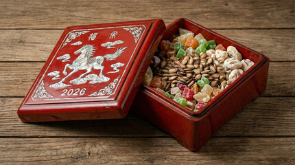 A traditional red lacquer candy box open on a wooden table, featuring a mother-of-pearl inlay design of a galloping horse and the year 2026. The box is filled with melon seeds, candied fruits, and nut