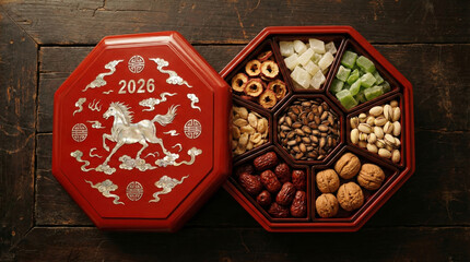 High angle view of an open octagonal red lacquer box filled with melon seeds, lotus root, and dried fruits, featuring a mother-of-pearl horse inlay and the year 2026 on the lid, symbolizing a traditio