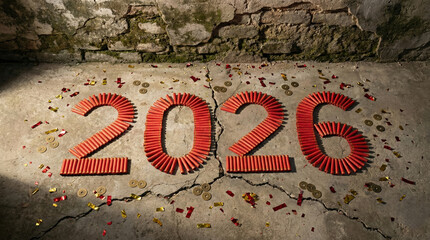 High angle view of the year 2026 formed by arranged red firecrackers on mossy stone pavers, scattered with gold confetti and Chinese coins to symbolize luck and fortune for the Lunar New Year.

