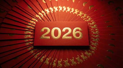 Close up overhead view of a red envelope featuring the year 2026 in gold foil, placed on a radial arrangement of red packets with golden horse patterns, symbolizing luck and prosperity. 