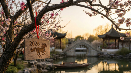 Scenic view of a wooden plaque carved with the year 2026 and a horse, hanging from a blooming plum blossom branch overlooking a misty lake and traditional pagoda.