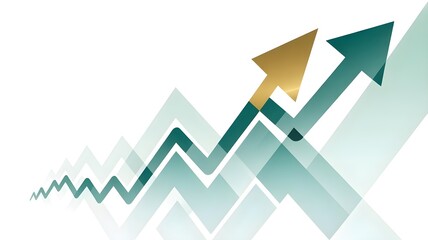 Golden arrow leads a teal green arrow and multiple transparent arrows upwards on a white background representing financial growth and success