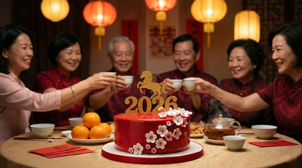 Selective focus on a red Lunar New Year cake decorated with cherry blossoms and a gold 2026 horse topper, while a blurred happy Asian family toasts with tea cups in the background during a reunion.