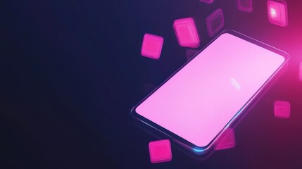 Futuristic phone mockup with floating shapes