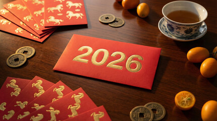 High angle view of a red envelope featuring the year 2026 in gold, arranged on a wooden table with a cup of tea, antique coins, and kumquats, symbolizing Lunar New Year prosperity.