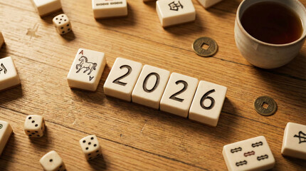 Still life arrangement of Mahjong tiles forming the year 2026 next to a tile with a horse illustration, accompanied by an abacus, tea cup, and coins on a rustic wooden table, symbolizing the Year.