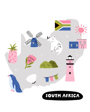 South Africa illustrated Map with African Symbols. Cute Travel Vector Illustration for Prints, Posters