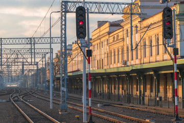 The historic building of the main railway station in Krakow illuminated by the morning sun